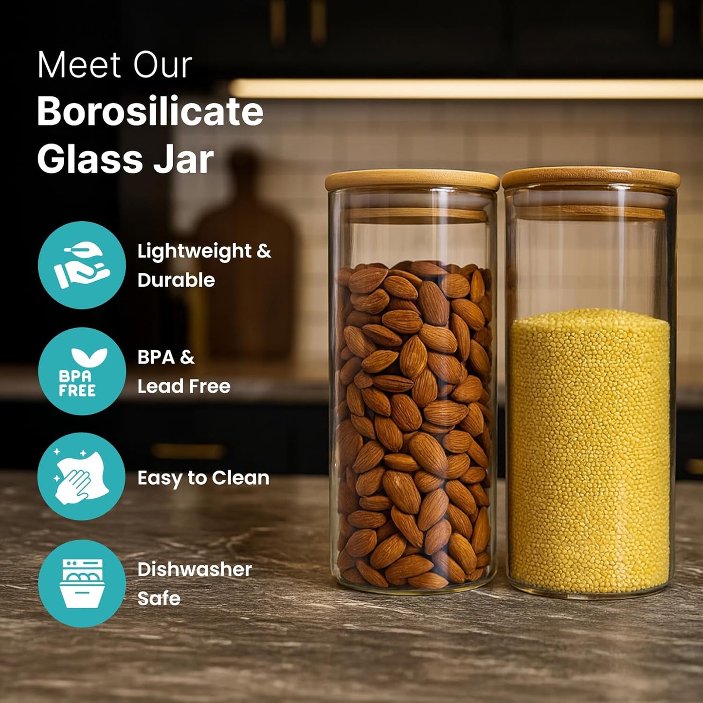 Elexe Cart Home Borosilicate Glass Storage Containers Set – 1000ML Airtight Kitchen Jars with Bamboo Lid