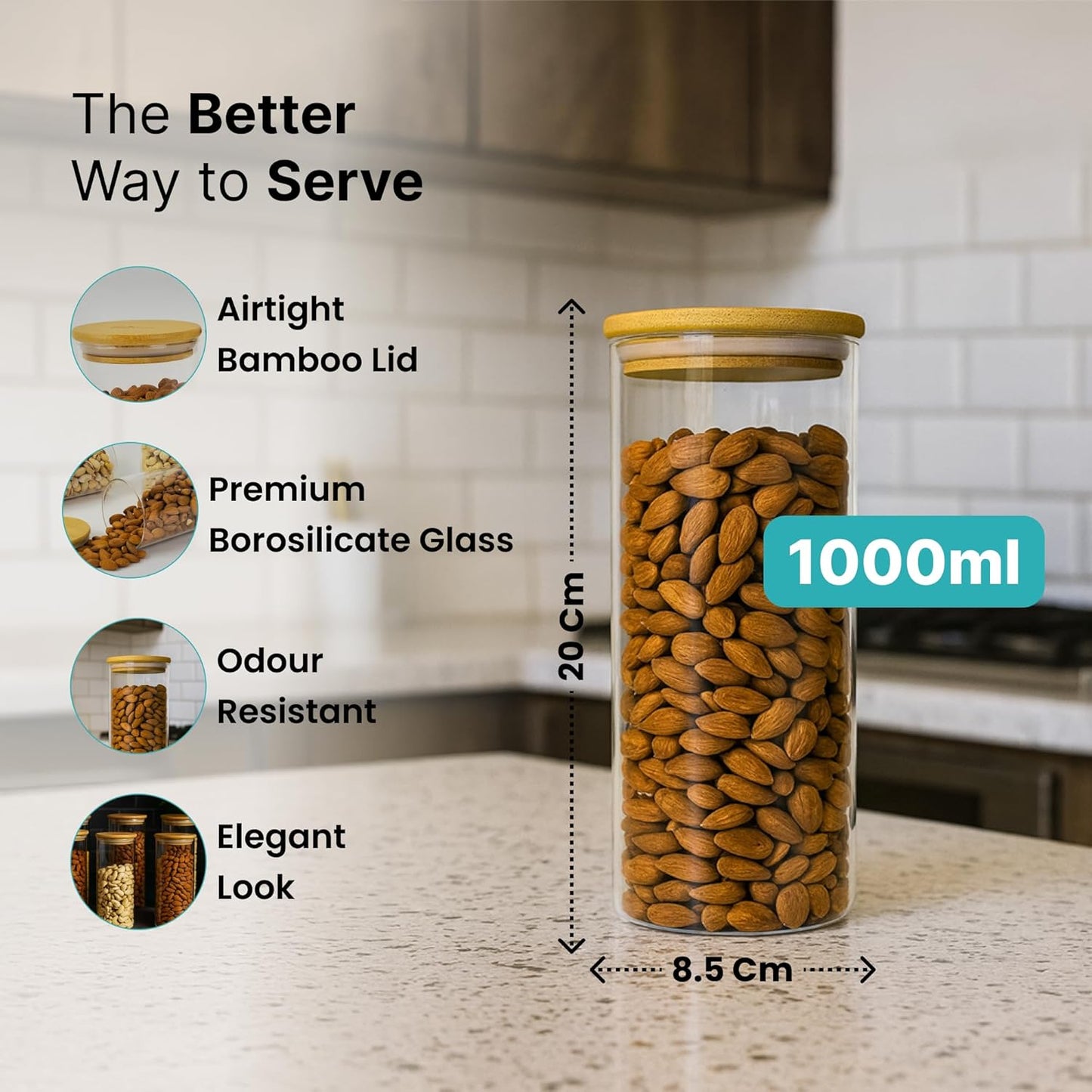 Elexe Cart Home Borosilicate Glass Storage Containers Set – 1000ML Airtight Kitchen Jars with Bamboo Lid