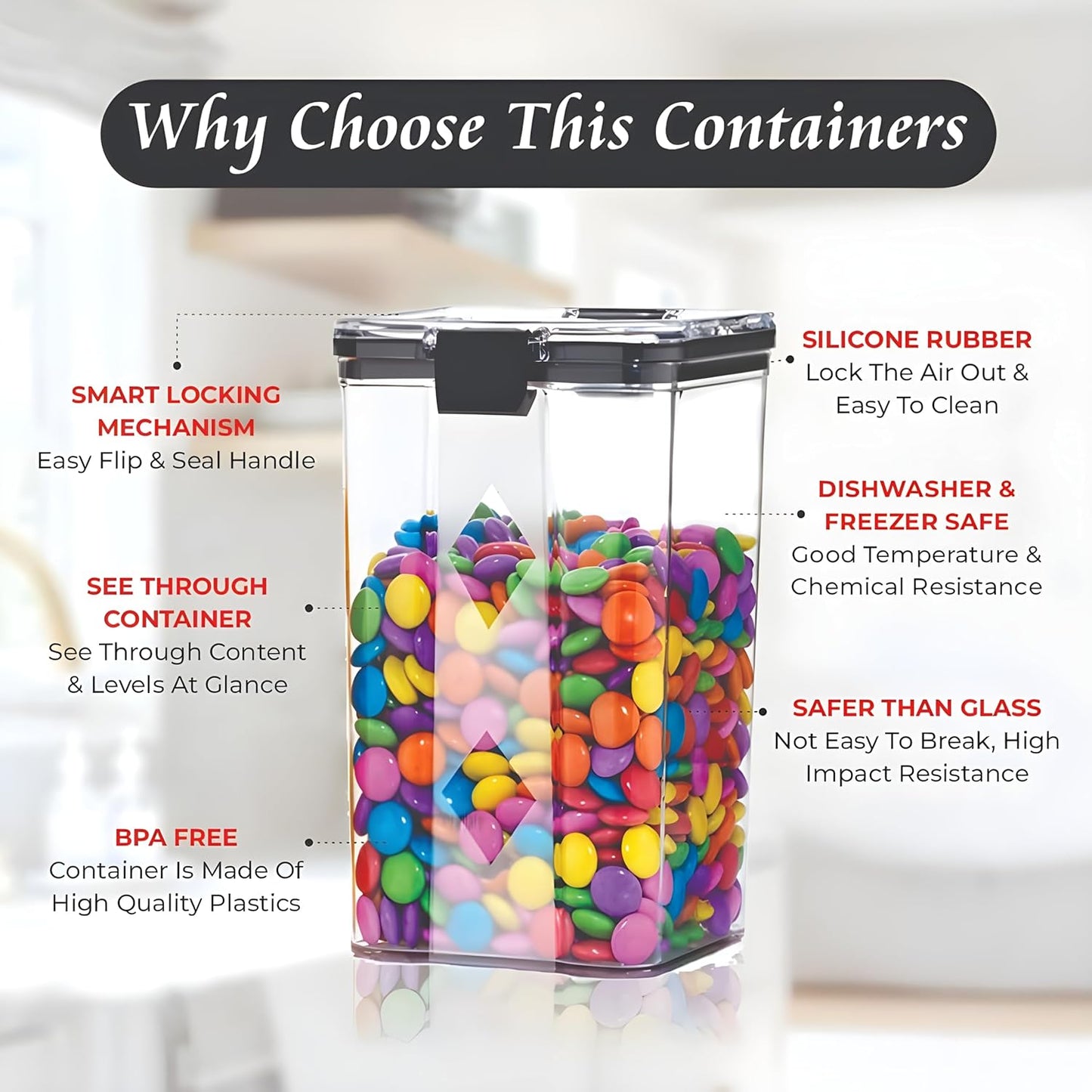 Elexa Cart Plastic Air Tight BPA Free Containers For Kitchen Storage Set, Storage Jar Food & Multipurpose Pantry Oraginzer,1100 ML Set of 6, Black