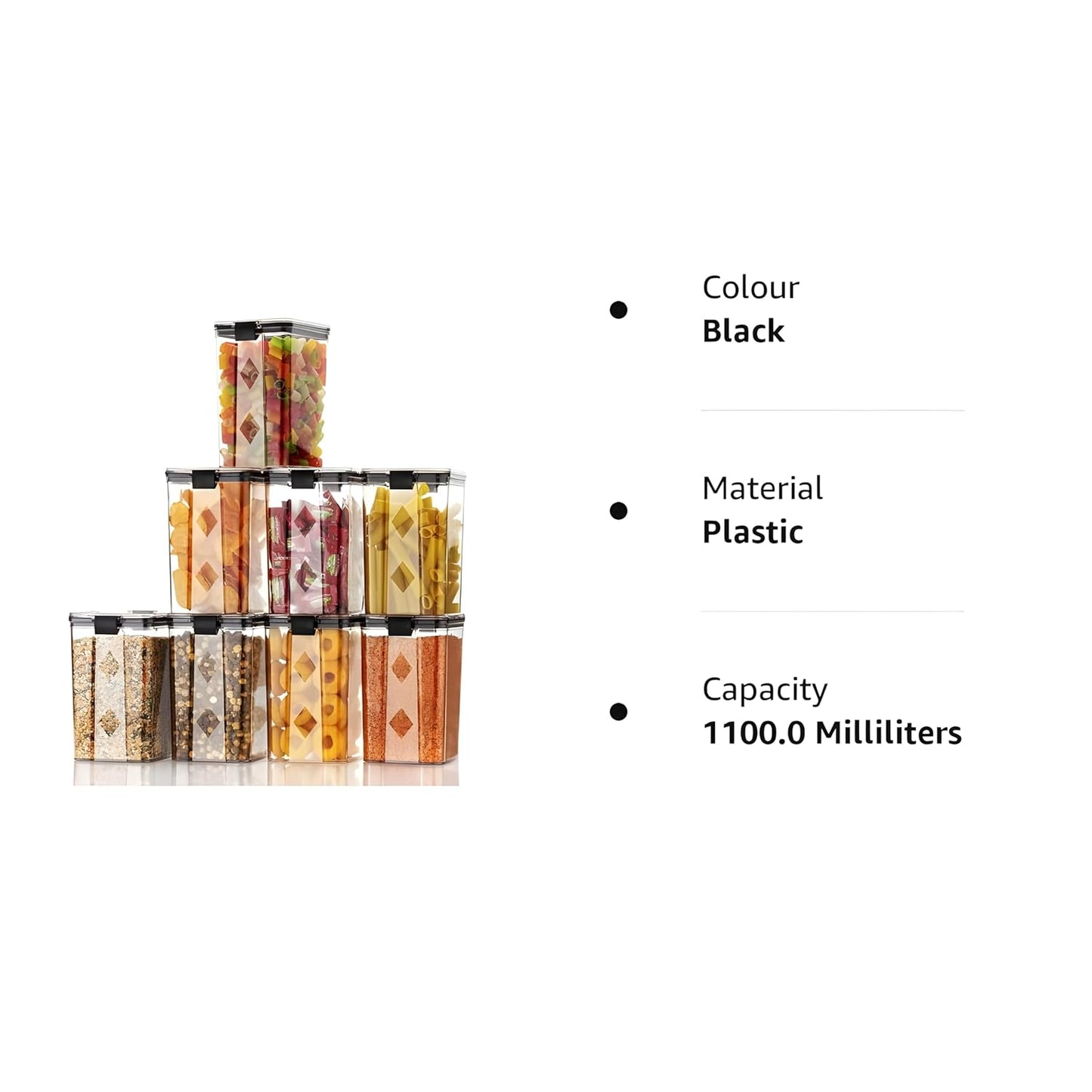 Elexa Cart Plastic Air Tight BPA Free Containers For Kitchen Storage Set, Storage Jar Food & Multipurpose Pantry Oraginzer,1100 ML Set of 6, Black