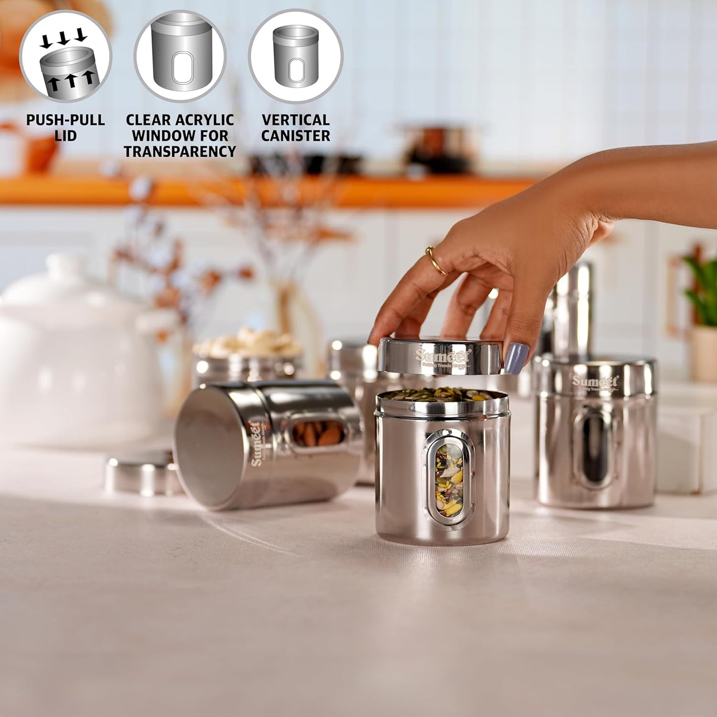 ElexaCart Stainless Steel Kitchen Storage Containers Set – Airtight Stackable Steel Canisters with See-Through Lid