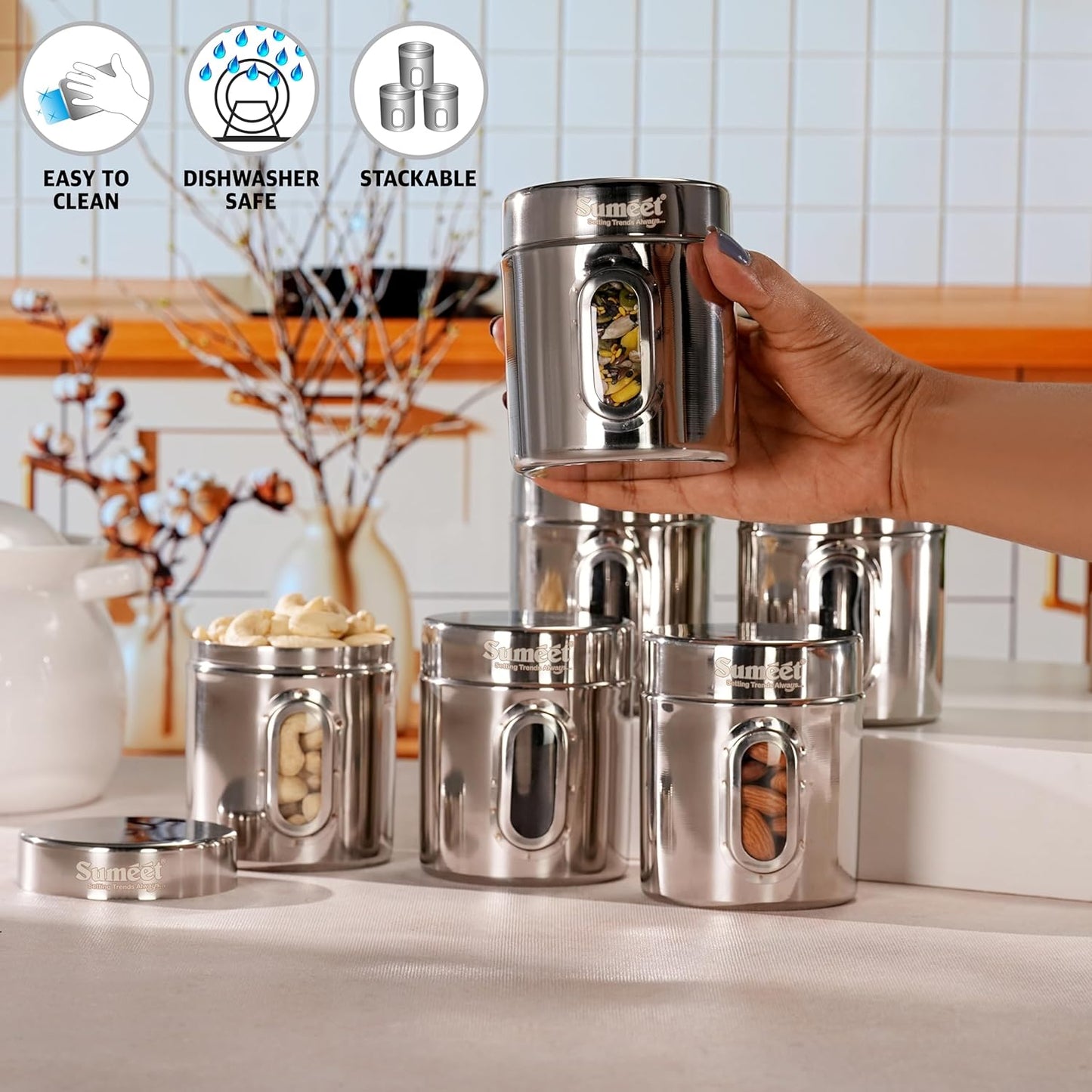 ElexaCart Stainless Steel Kitchen Storage Containers Set – Airtight Stackable Steel Canisters with See-Through Lid