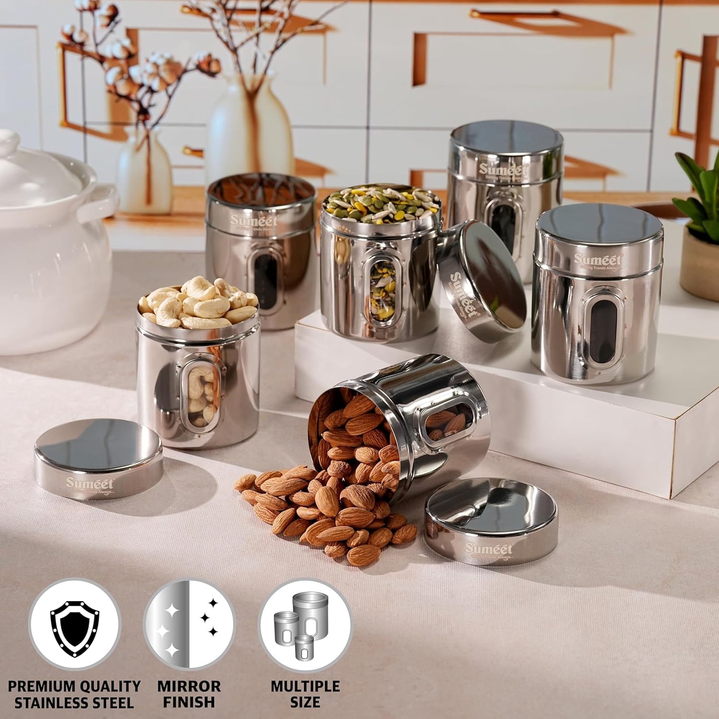 ElexaCart Stainless Steel Kitchen Storage Containers Set – Airtight Stackable Steel Canisters with See-Through Lid